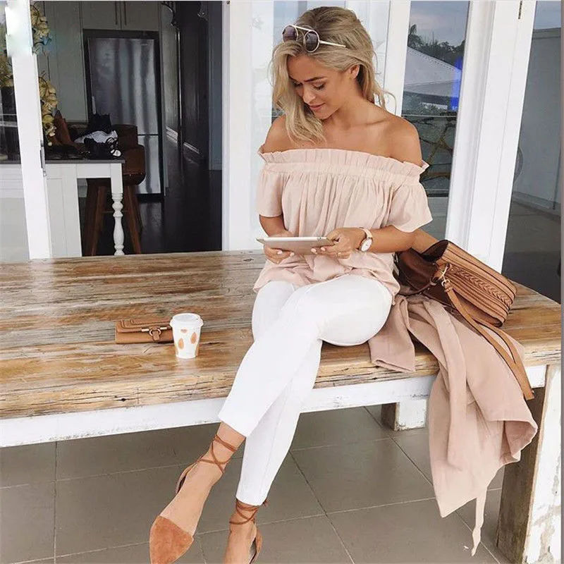 Off Shoulder Blouse Shirt Women Tops Ruffles Sexy Chiffon Blouse Elastic Collar Summer Top Chemise Femme Blusas10