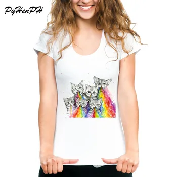 

New 2018 T Shirt Women Kittens Puking Rainbows Printed T-shirt Cat Design Summer Shirt Brand Fashion Cool Women Tops