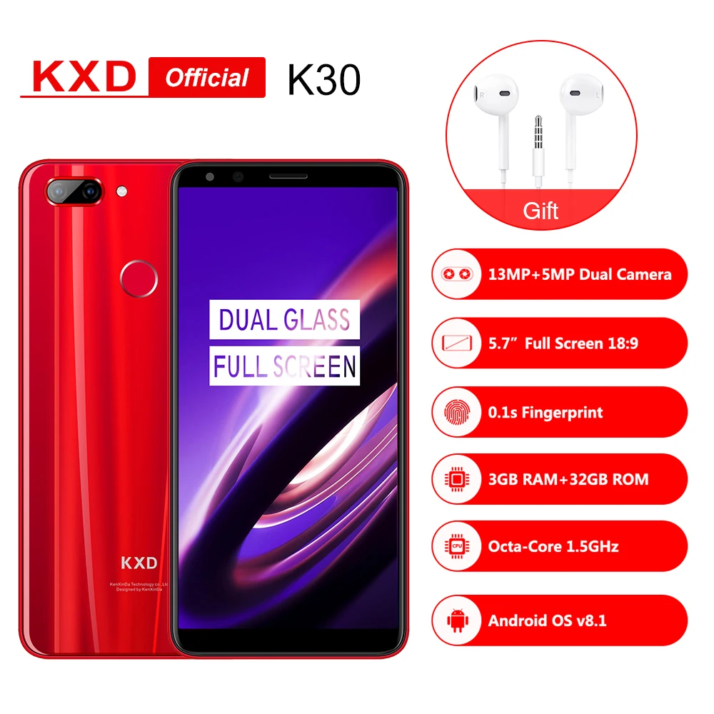 KXD K30 5 7 дюймовый смартфон двойное стекло 18:9 HD + полный Экран Andriod8.0 MTK6750 Octa Core 1 Ghz 3g