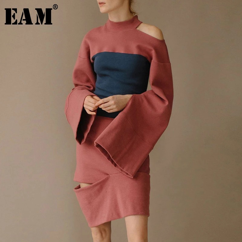 

[EAM] 2019 New Autumn Winter High Collar Long Sleeve Off Shoulder Hit Color Irregular Hem Hollow Out Dress Women Fashion JL269