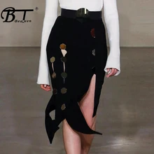 Beateen, модная новинка, раскол, неровная, с прорезями, Металлическая пуговица, с пряжкой на поясе, женская черная юбка, весна, хит