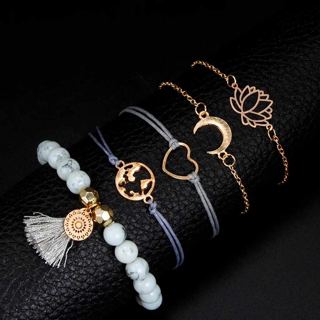 

Bohemian Charm Bracelets Set Creative Crescent Love Lotus Map Fringed Beaded Bracelet Five-Piece Multilayer Jewelry #5