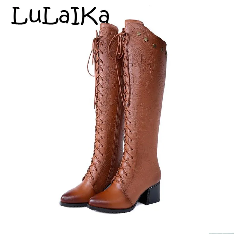 

2018 Sexy Women Over The Knee High Boots Cow Leather Fashion Lace Up Pointed Toe All Match Women Motorcycle Boots Size 34-39