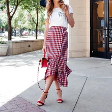 Повседневная клетчатая юбка 32 хлопок летние женские длинные юбки "рыбий хвост"