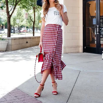 

Casual plaid skirt 32 cotton summer Female long fishtail skirts
