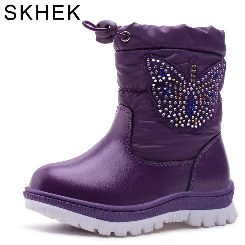 Winter snow boots for Boys Girls Plush Warm Boots Butterfly logo Fashion synthetic leather Kids brand Toddler Shoes