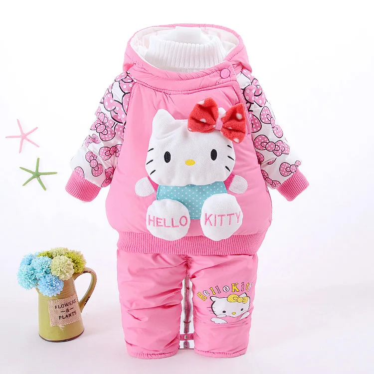 NEW Baby Set 2017 Winter Girl Hello Kitty Suit Thick Warm Coat+Pants