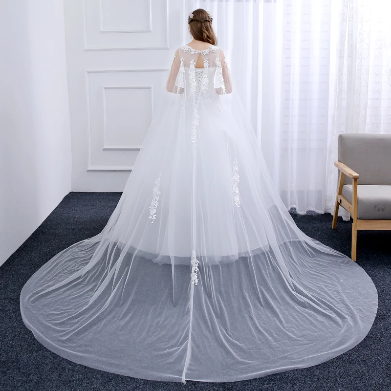 2018 Новое Бальное Платье Vestido De Novia Тюль свадебное платье с круглым вырезом кружева вышивка аппликация длинный шлейф шаль белое свадебное