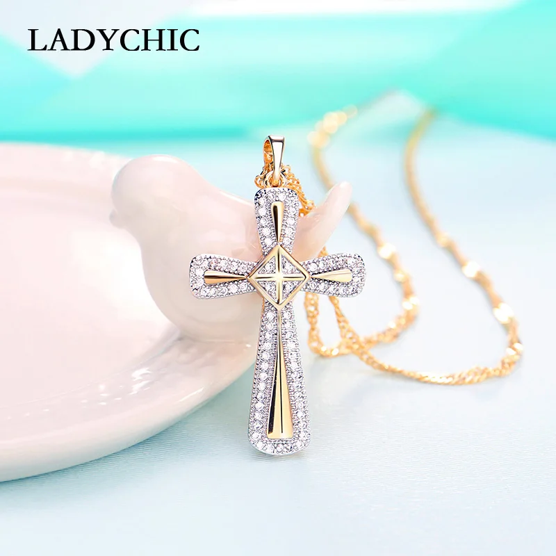 

LADYCHIC Gold Color Cross Pendant Necklaces for Woman Trendy Cubic Zirconia Crystal Necklace Jewelry Christian Catholic Bijoux
