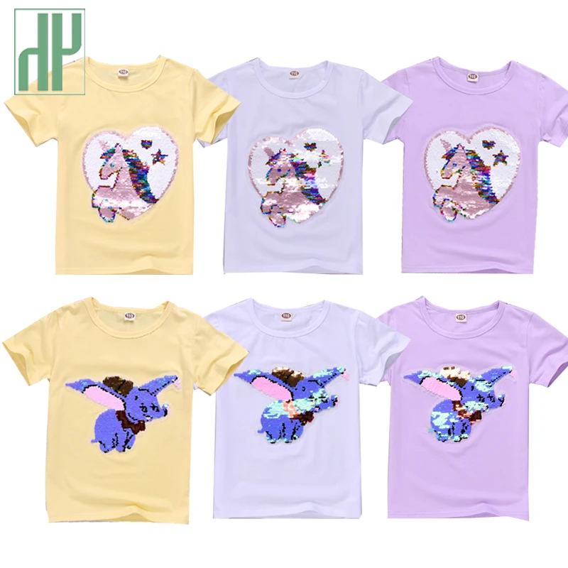 

Girls t shirt Magic Glitter Reverse sequin top Cartoon elephant unicorn t shirt Short Sleeve toddler girl shirt 4 8 10 Year