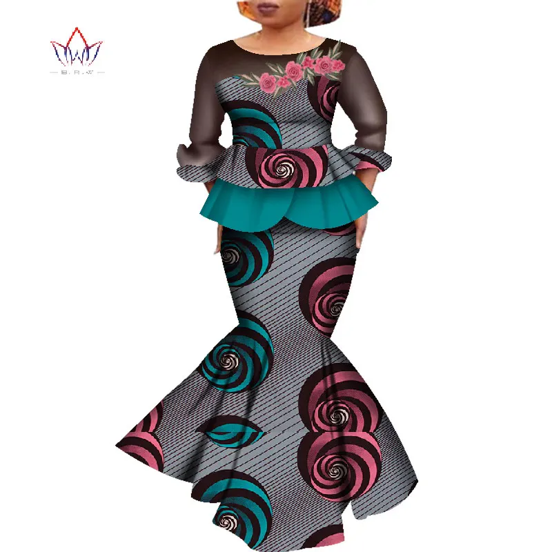 Африканский Дашики печати платье укороченный топ и юбка набор вечерние свадебные платья с длинными рукавами африканская женская одежда длинная юбка комплект WY4575 - Цвет: 7