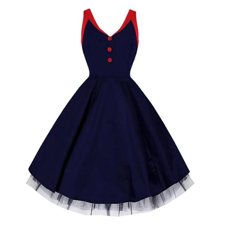

2017 New Fashion Ladies Sleeveless Navy Blue/Balck V Neck Patchwork High Waist Tutu Dress 1950s Pin Up School Dress Vestidos
