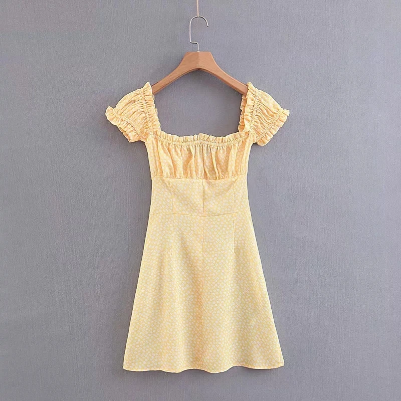 Кавайное летнее желтое эластичное мини-платье с цветочным рисунком, сексуальное шифоновое пляжное платье с открытой спиной, корейские платья, повседневная женская одежда