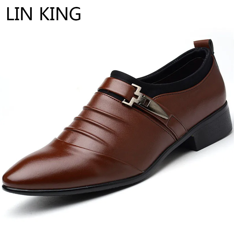 LIN KING/модные повседневные мужские туфли из искусственной кожи с острым носком; официальная обувь; мужские оксфорды без застежки; Мужские модельные туфли; большие размеры 48