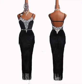 

Lady Latin dance Performance Costume Competition Clothes Sexy Diamond Tassel Backless Dress For Women Latin Dance Dresses