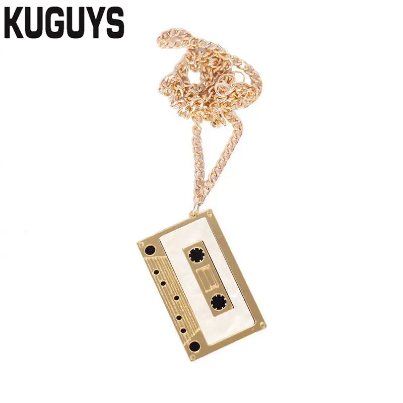 

KUGUYS Trendy Jewelry Golden Tape HipHop Necklace for Women Fashion Acrylic Rock Mens Pendant Necklace Sweater Chain