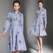 women’s clothing 2017 lapel embroidered long sleeves self-cultivation long dress vestidos