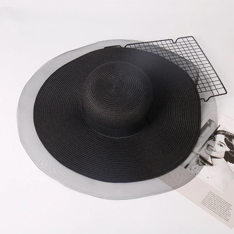 2019 Summer Sun Floppy Shade Straw Hat Summer Hats For Women Black Band Wide side Thin Gauze Patchwork Paper Woven Panama Hat