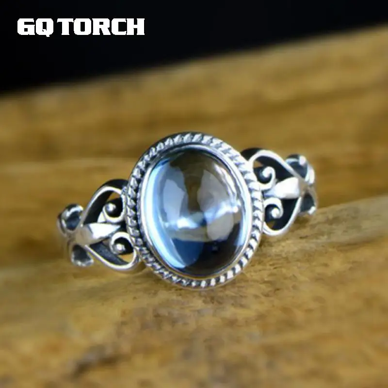 GQTORCH Настоящее 925 пробы Серебряное кольцо ювелирные украшения натуральный голубой топаз кольца для женщин Винтаж Ретро Тип цветок резьба