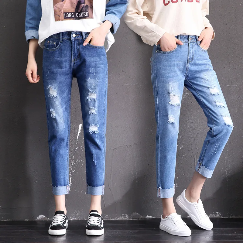 Large Size Boyfriend Jeans for women Fat Ripped Cuffs mom Jeans Femme Plus Size Loose Straight Denim Nine Pants 4Xl 5Xl