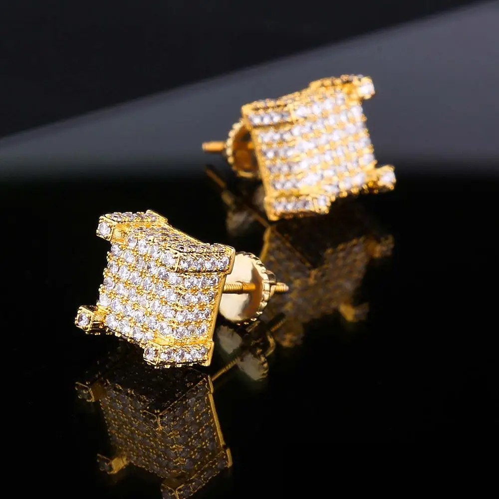 KRKC&CO Micro Pave Gold Iced Out 3D CZ  Earrings Hip Hop Jewelry for amazon/ebay/wish online store for Wholesale Agent in Stock