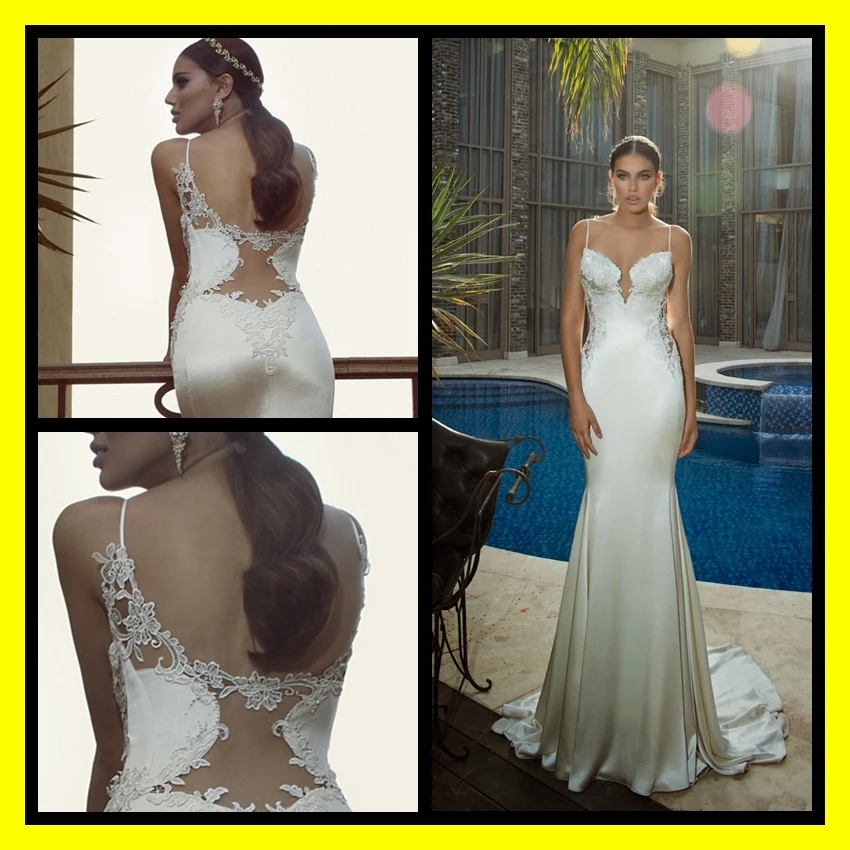 Long Wedding Dresses Mermaid Floor-Length Court Train Appliques Spaghetti Straps Sleeveless Empire Zipper Built-In Bra Satin Cus | Свадьбы и