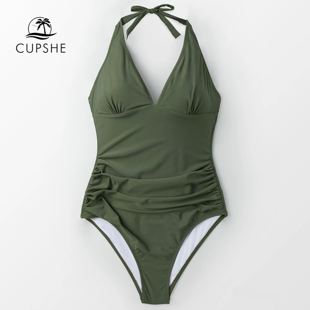 Kaufen CUPSHE Sexy Armee Grün Geraffte Einteiliges Badeanzug Frauen Solide Monokini Badeanzüge Monokini 2020 Mädchen Strand Bademode