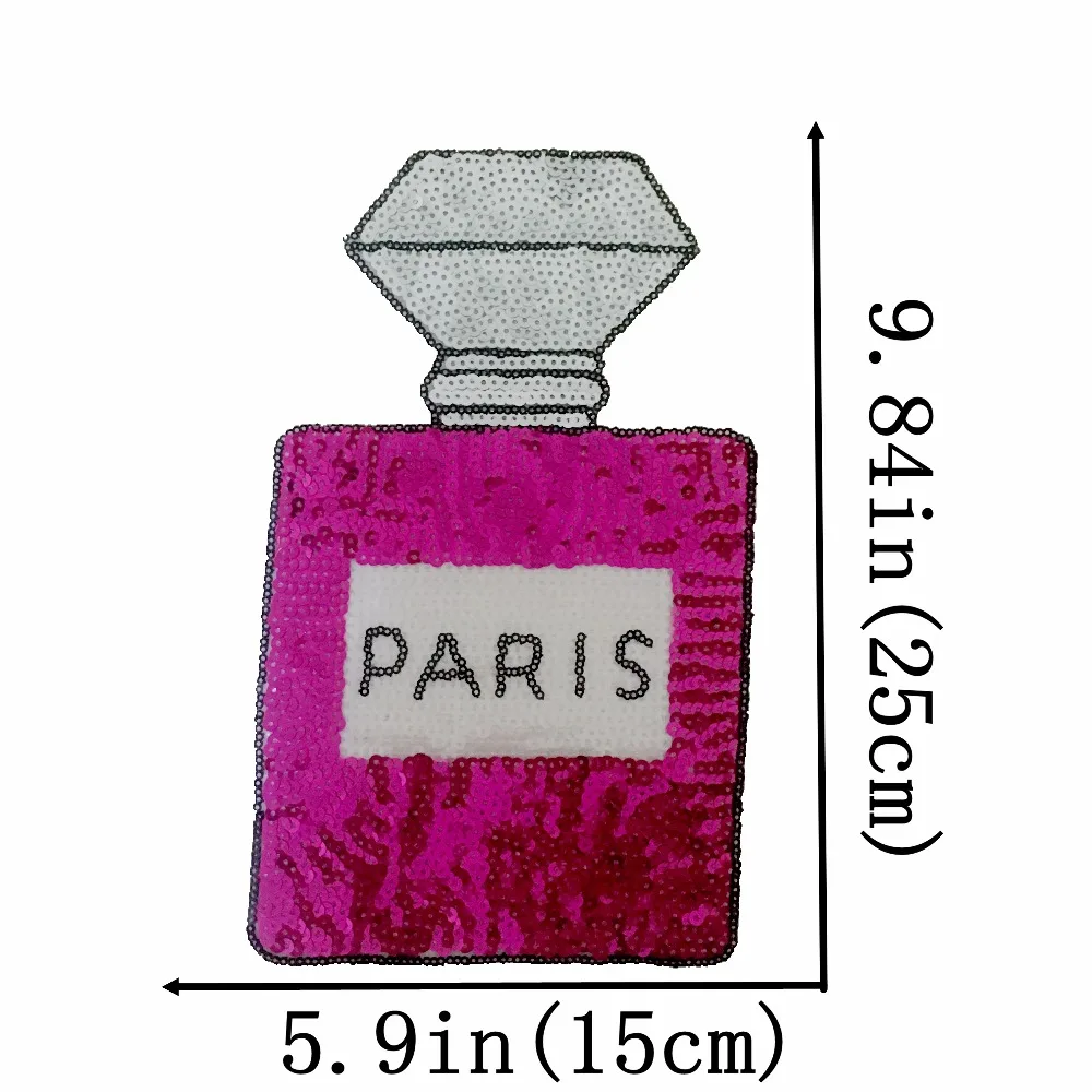 

New 25 x 15 cm Pink PARIS Perfume Bottle Patch Iron on Sequined Patches for Clothes Backpack DIY Motif Embroidery Decoration 2PC