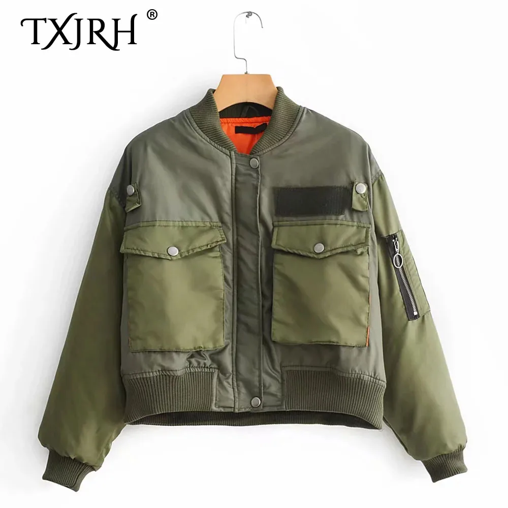 TXJRH стильный Harajuku армейский зеленый стеганые пилоты парки Бейсбол Бомбер куртка пилота пальто два больших кармана Верхняя одежда Топ