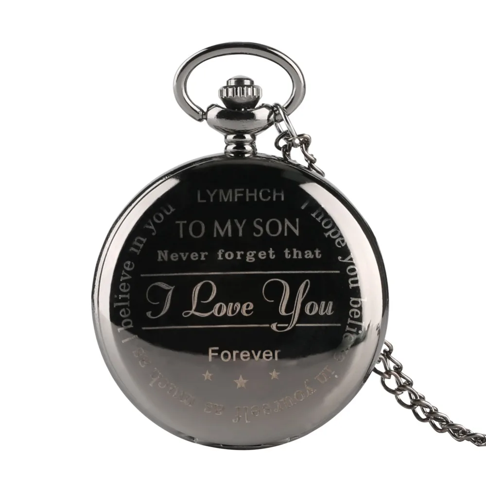 

Black Pocket Watch Personalized Pattern Steampunk Smooth Hunter Quartz Roman Numerals Pocket Watch 'TO MY SON' Boys Watch Gift