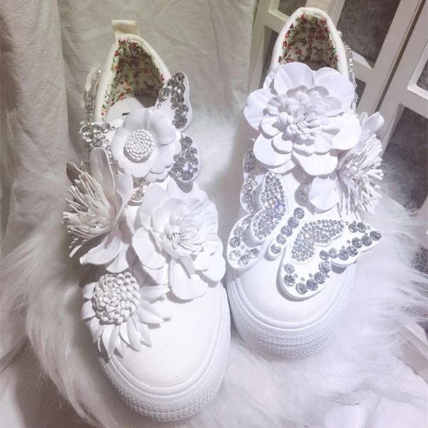 Белая парусиновая женская обувь на платформе в стиле ретро с цветочным принтом женские туфли-лодочки, увеличивающие рост, для девушек, студенток, вечеринок, выпускного - Цвет: heel 6cm