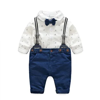 

Children's wear in spring and autumn new baby belt pants suit handsome shirt+knitted denim belt pants+bow tie baby romper