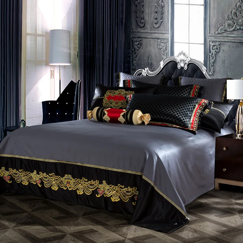 Синий, черный Шелковый сатиновый Роскошный Королевский Комплект постельного белья, Комплект постельного белья для королевы, кровати, простыни, простыни, наволочки, пододеяльник