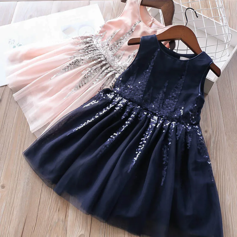 Cute Girls Kids Sequin Tulle Western New Fashion Clothes Princess Party Summer Spring Candy Pink Blue Color Dresses | Детская одежда и