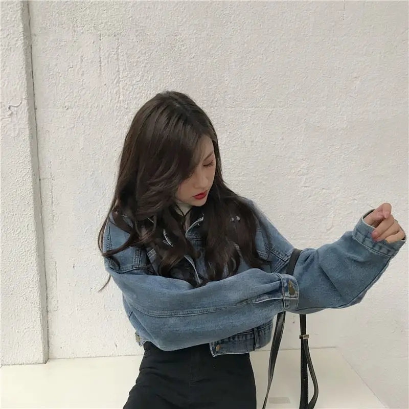 Women's denim jacket Women's large size retro denim jacket Long sleeve loose casual denim jacket