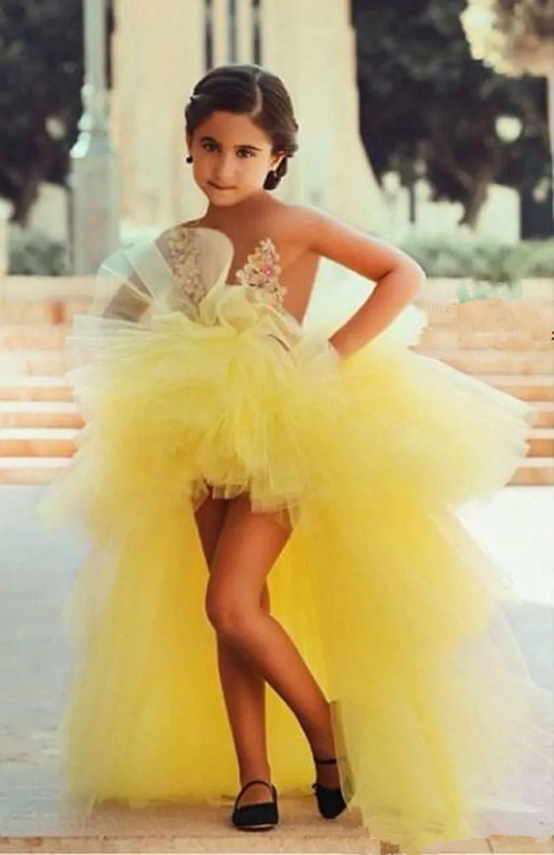

Yellow Illusion Sheer Tops with Appliques Tulle Flower Girl Dresses for Weddings Party Custom Made