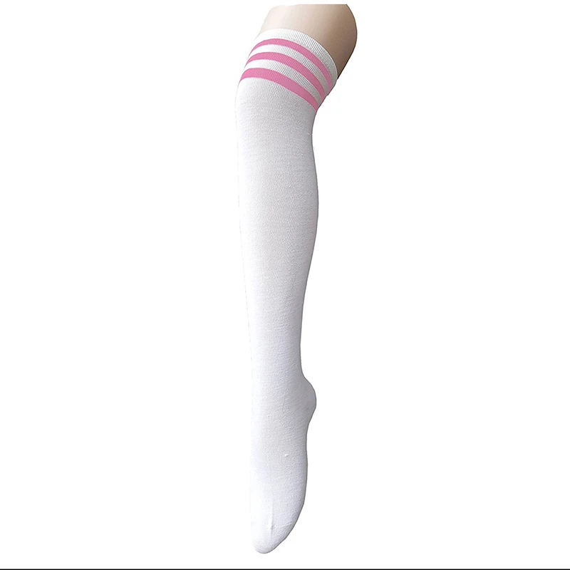 

1pair Womens Athlete Thin Stripes Solid Thigh Highs Tights Over Knee Socks White w Pink