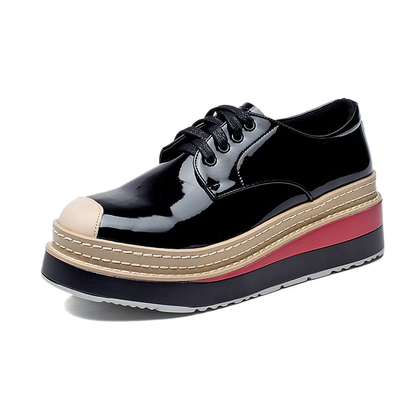 Cuir Plateforme Creeper Femmes Semelles Tendance Hauteur À Lacets 5 Cm Verni De Chaussures Nouvelle Épaisses Black Sling En p0qnP