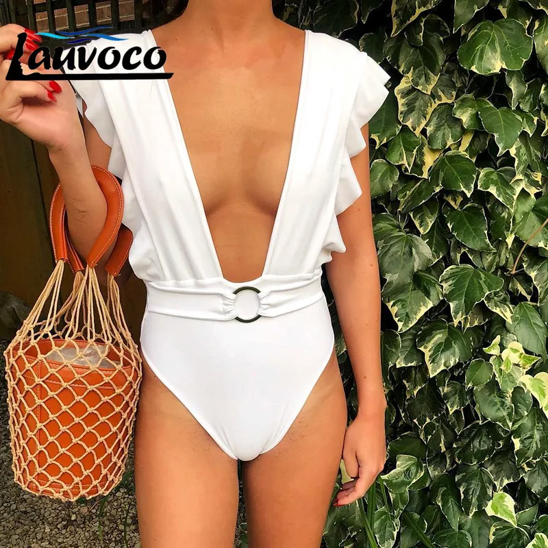 

Sexy One Piece Swimsuit Tie Deep V Thong Swimwear Women Off Shoulder Ruffle Backless Bathing Suit Monokini Maillot De Bain Femme