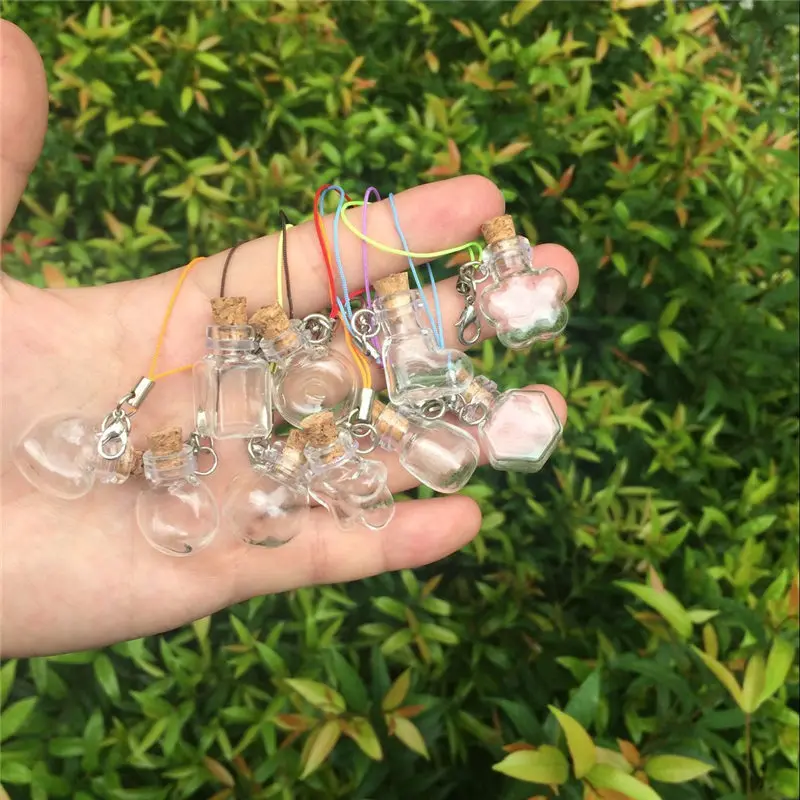 Mixed Mini Glass Bottles, Key Chain Pendants, Small Wishing Bottles with Cork, Vial Arts Jars for Bracelets, Gifts, 10Pcs