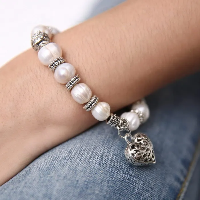 

YYW 2017 New Arrival Hot Sale Wedding Jewelry Natural Freshwater Pearl Bracelet Vintage Tibetan Charm Dangle Pearl Bracelets