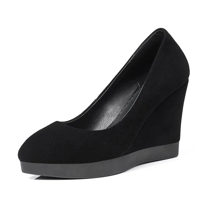 

Slope And Sheepskin High Heel Shoes Pointed Cowhide Waterproof Table Pine Cake Bottom Coarse Heel Spring And Autumn