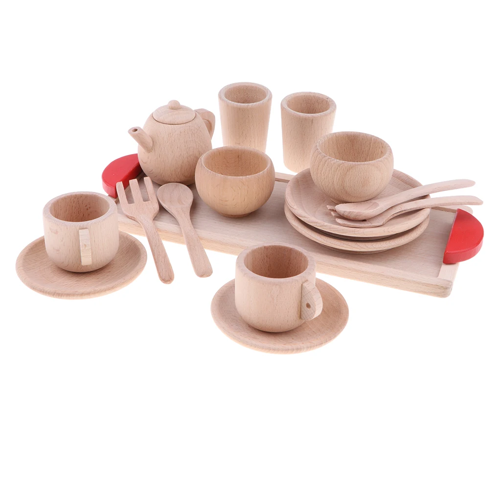 16-piece Wooden Tea Set Pretend Play Toy Educational Game For Kids Children - Soild Beech Saucer Cup Salver Teapot Coffee Set