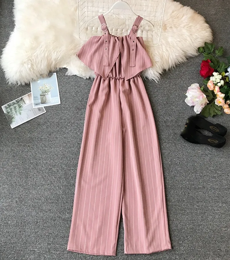 

2019 Boho Ruffles Off Shoulder Sleeveless Striped Jumpsuit Casual Women Summer Long Rompers Long Beach Overalls