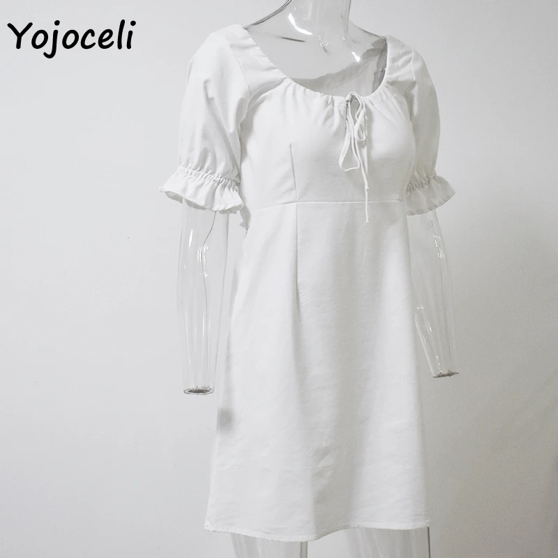 Yojoceli Летнее белое хлопковое платье для женщин с бантом ТРАПЕЦИЕВИДНОЕ мини платье Повседневная Уличная одежда бохо платье