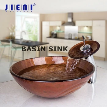 

JIENI Bathroom Wash Basin Faucet Set Hand Painting Victory Tempered Glass Sink With Brass Faucet Counter Top Mixer Tap