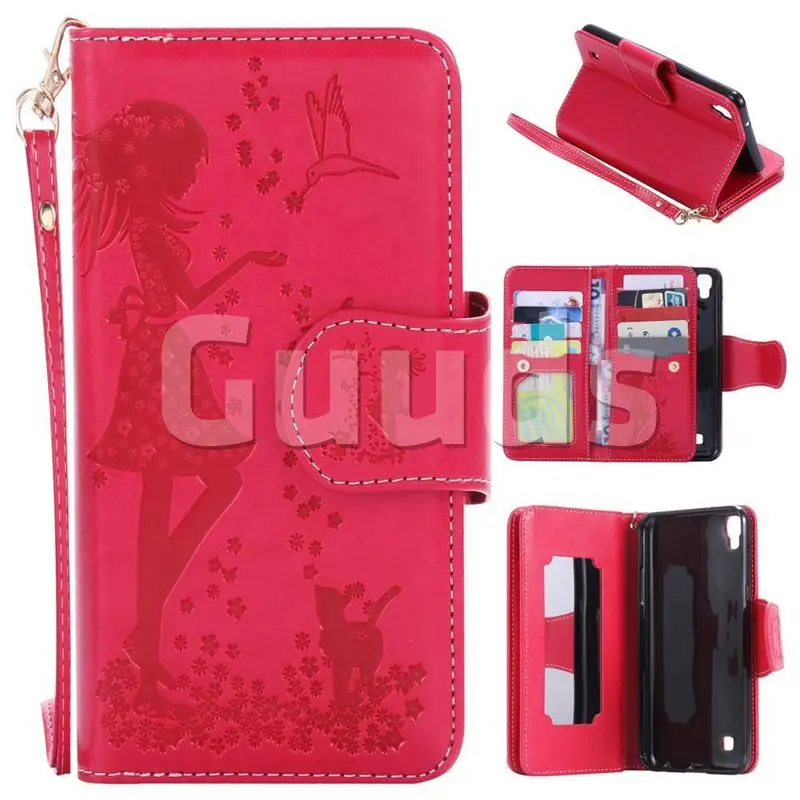 Embossing Cat Girl 9 Card Leather Wallet Case for LG X Power LS755 K220DS K220 US610 K450 - Red