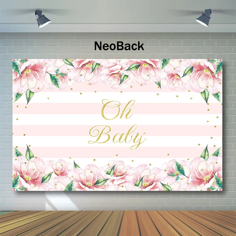 NeoBack розовый цветок Baby Shower фон с надписью Oh розового и белого цвета в полоску для