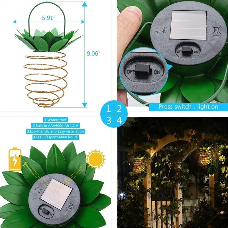 SOLLEDSolar садовый светильник s в форме ананаса открытый подвесной солнечный светильник водонепроницаемый настенный светильник Сказочный ночной Светильник s Железный провод искусство дом
