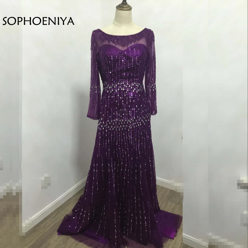 Женское вечернее платье фиолетовое с длинным рукавом и открытой спиной для
